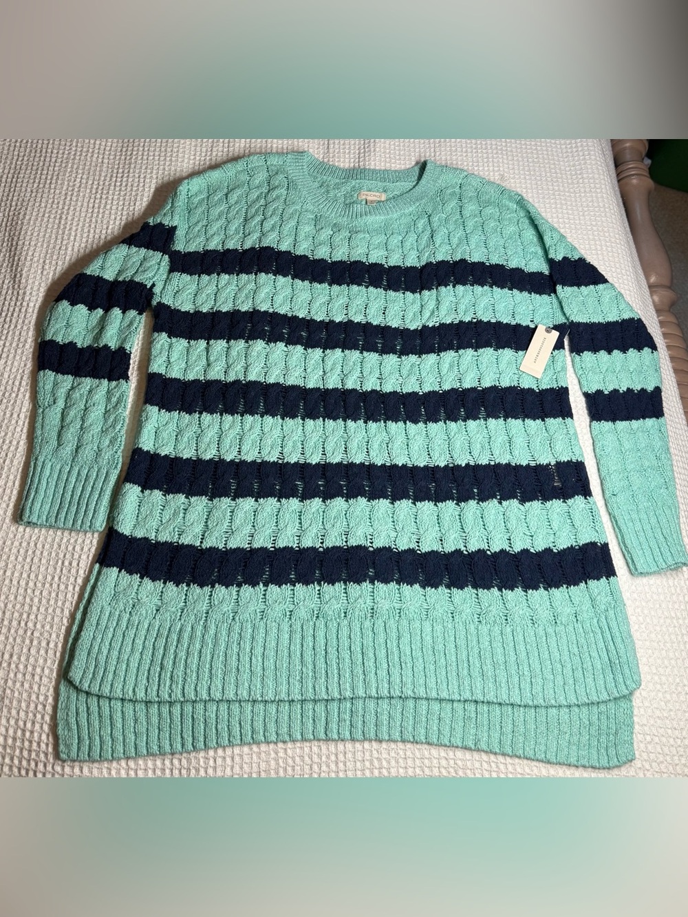 Anthropologie Mint Green and Navy Striped Cable Knit Sweater